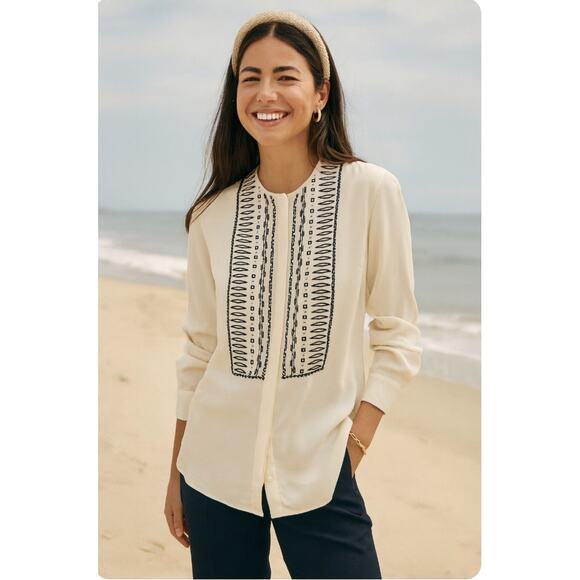 Veronica Beard White Silk Tunic Blouse sz 0 Black Embroidery Classy Work - Picture 1 of 9